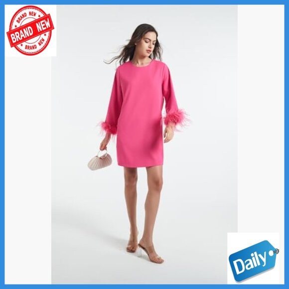 Feather Trim Mini Dress 3/4 Sleeves Sheath Cocktail Party Wedding Guest - Picture 6 of 7